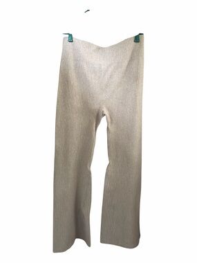 Ribbed Knit Wide-Leg Pants in Light Beige
